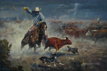 cat cats Painting - cowboy catching cattle in storm